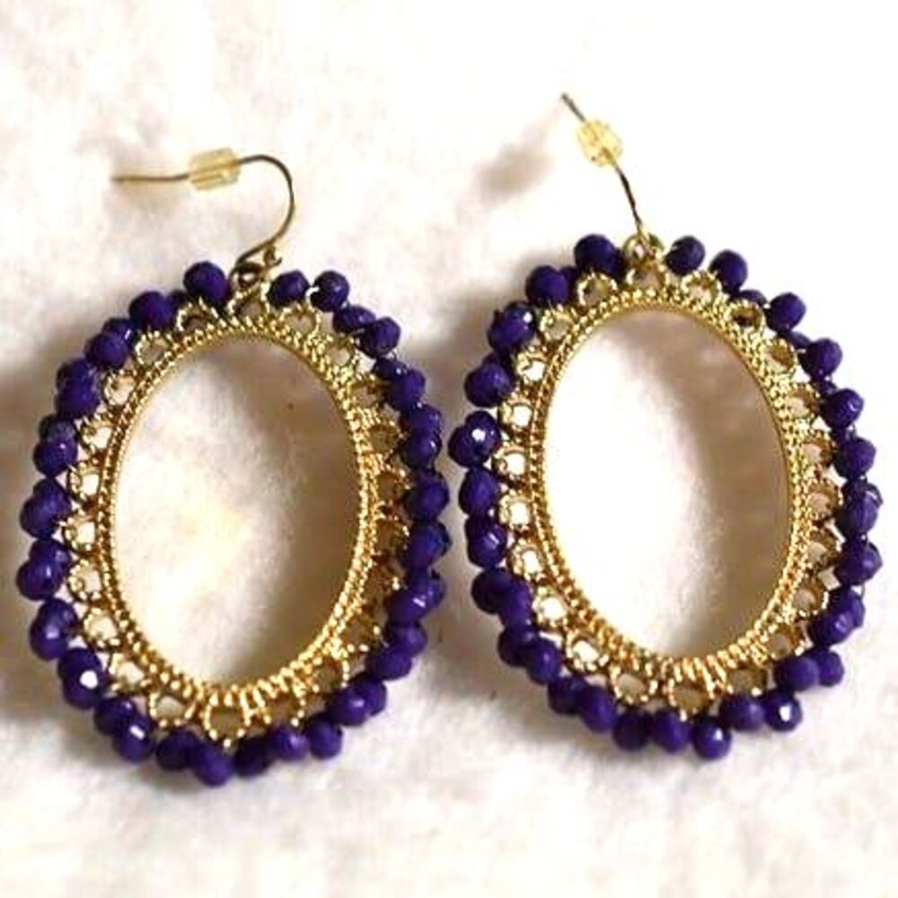 Deep Purple Oval Filigree Dark Purple Beads Gold Tone Hook Earrings Like New